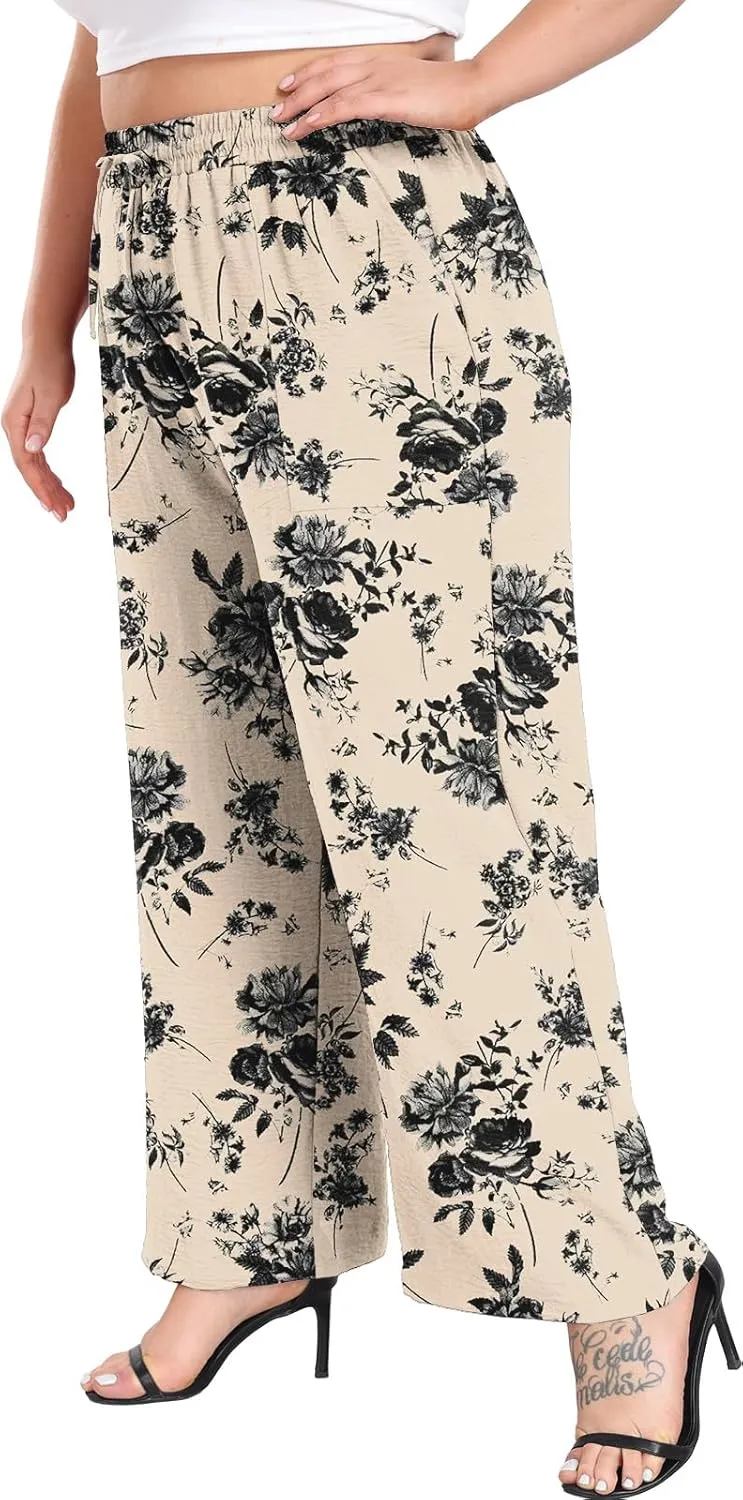 Lastshe Women's Plus Size Wide Leg Pants Summer Stretchy Drawstring Waist Comfortable Fit Casual Trousers Pants with Pockets