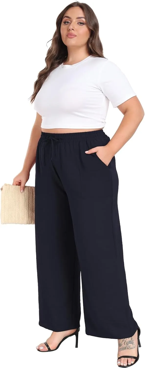 Lastshe Women's Plus Size Wide Leg Pants Summer Stretchy Drawstring Waist Comfortable Fit Casual Trousers Pants with Pockets