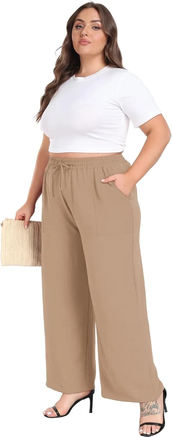 Lastshe Women's Plus Size Wide Leg Pants Summer Stretchy Drawstring Waist Comfortable Fit Casual Trousers Pants with Pockets