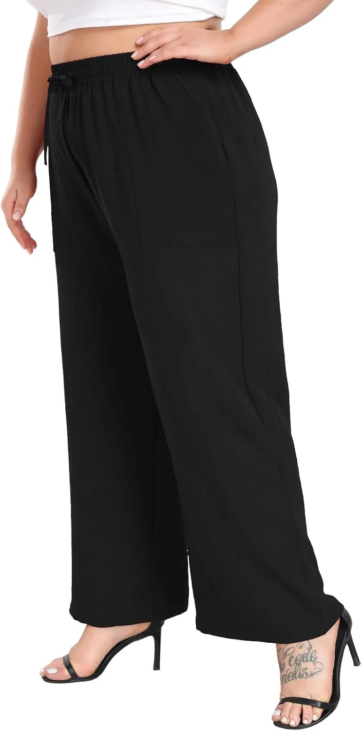 Lastshe Women's Plus Size Wide Leg Pants Summer Stretchy Drawstring Waist Comfortable Fit Casual Trousers Pants with Pockets