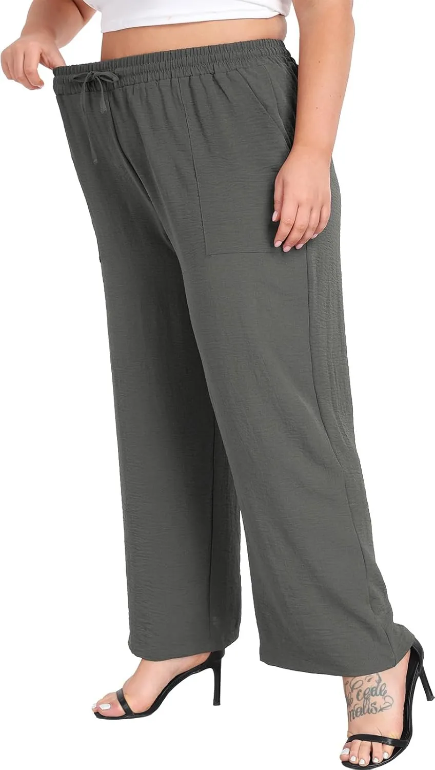 Lastshe Women's Plus Size Wide Leg Pants Summer Stretchy Drawstring Waist Comfortable Fit Casual Trousers Pants with Pockets