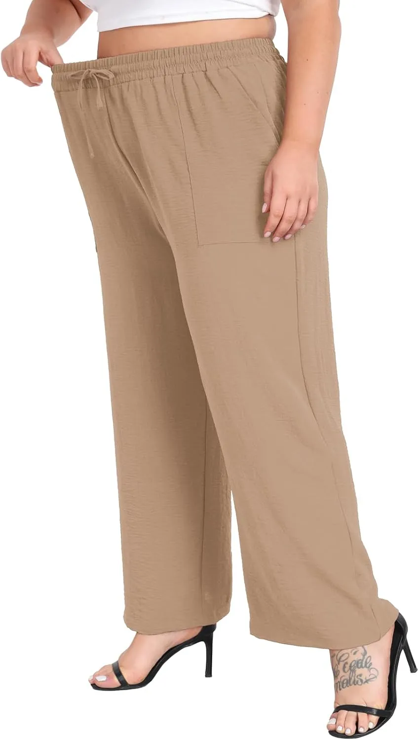 Lastshe Women's Plus Size Wide Leg Pants Summer Stretchy Drawstring Waist Comfortable Fit Casual Trousers Pants with Pockets