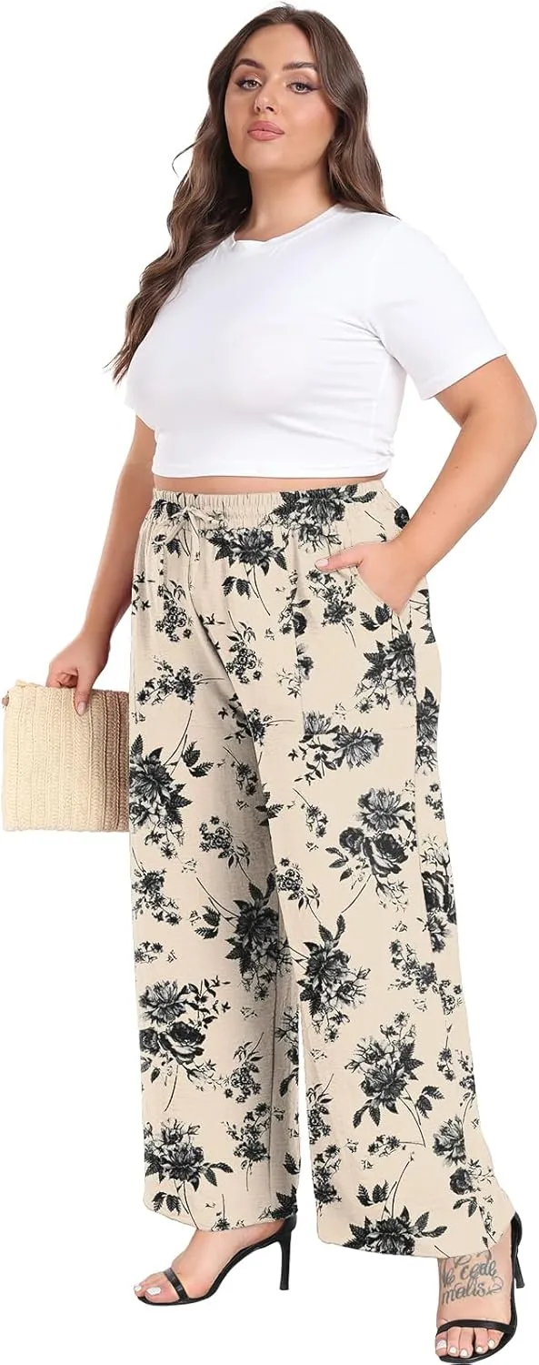 Lastshe Women's Plus Size Wide Leg Pants Summer Stretchy Drawstring Waist Comfortable Fit Casual Trousers Pants with Pockets