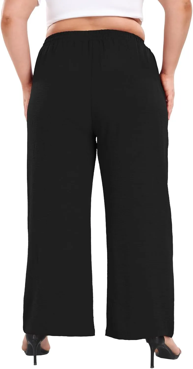 Lastshe Women's Plus Size Wide Leg Pants Summer Stretchy Drawstring Waist Comfortable Fit Casual Trousers Pants with Pockets