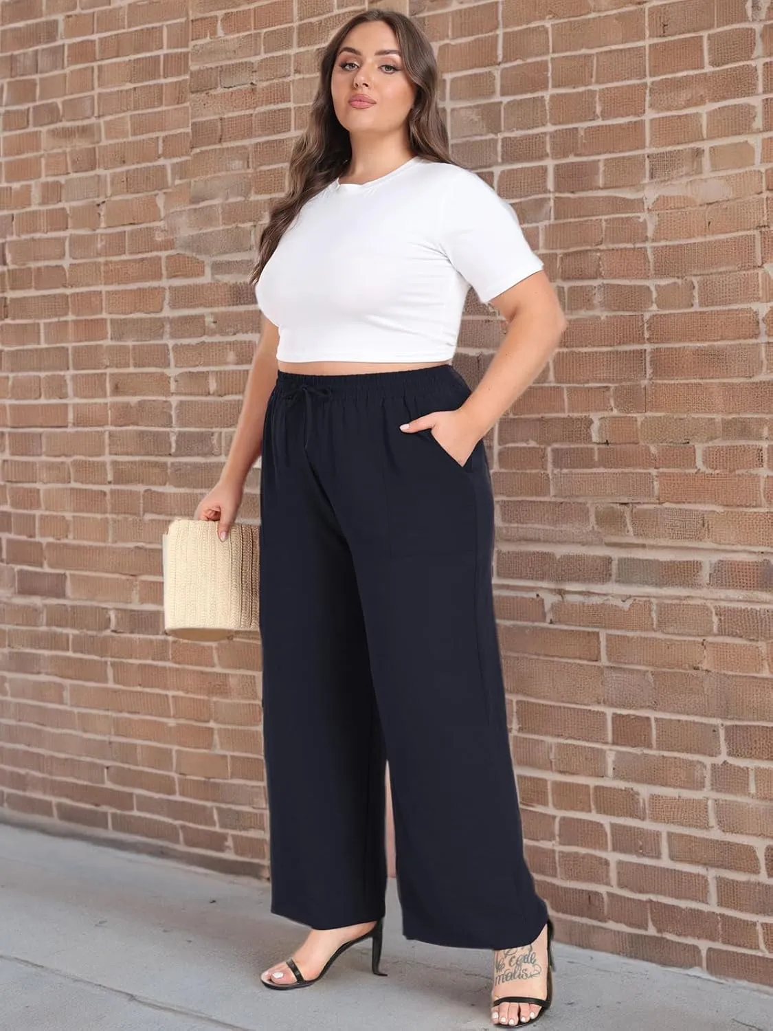 Lastshe Women's Plus Size Wide Leg Pants Summer Stretchy Drawstring Waist Comfortable Fit Casual Trousers Pants with Pockets