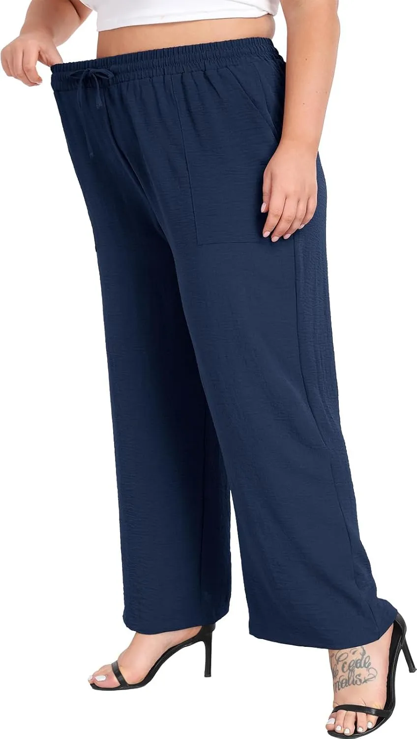 Lastshe Women's Plus Size Wide Leg Pants Summer Stretchy Drawstring Waist Comfortable Fit Casual Trousers Pants with Pockets