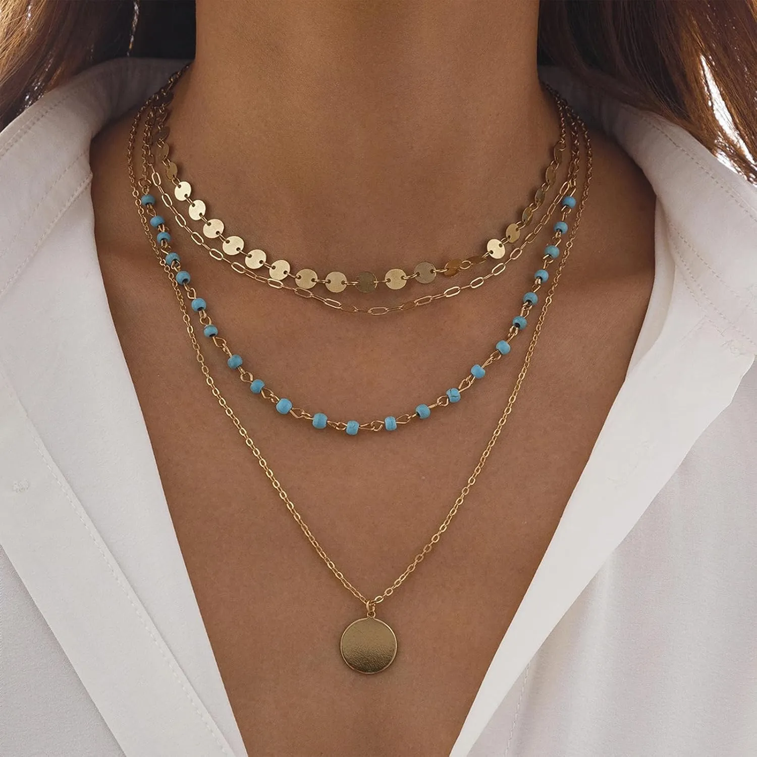 Layered Boho Necklaces for Women Gold Coin Pendant Necklaces Stackable Turquoise Choker Necklace for Women Western Jewelry