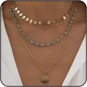Layered Boho Necklaces for Women Gold Coin Pendant Necklaces Stackable Turquoise Choker Necklace for Women Western Jewelry