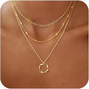 Layered gold necklaces for women, stackable 14K real gold plated brass necklaces with circles, paperclip chains and bow pendant choker necklaces. It's a simple and trendy jewelry set