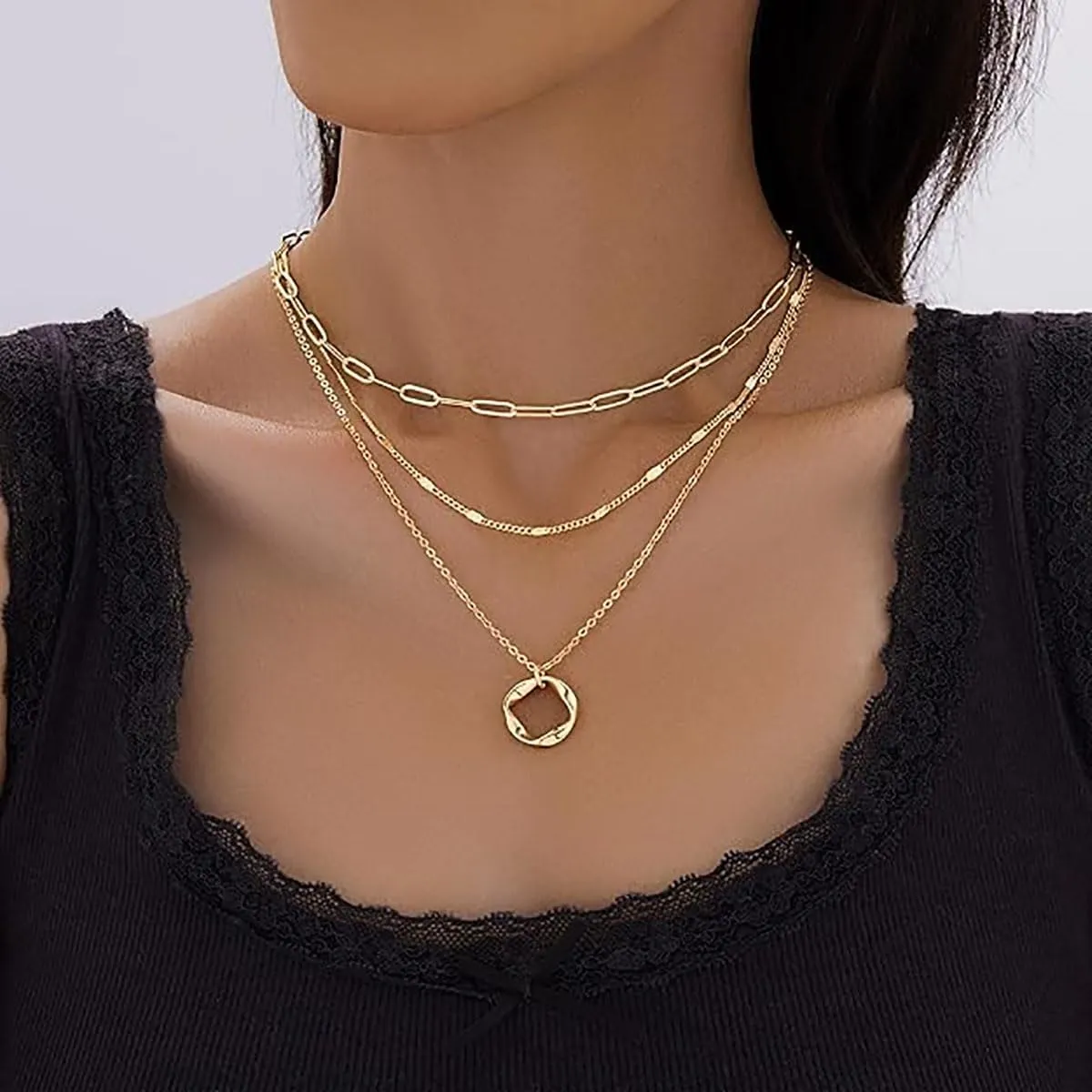 Layered gold necklaces for women, stackable 14K real gold plated brass necklaces with circles, paperclip chains and bow pendant choker necklaces. It's a simple and trendy jewelry set