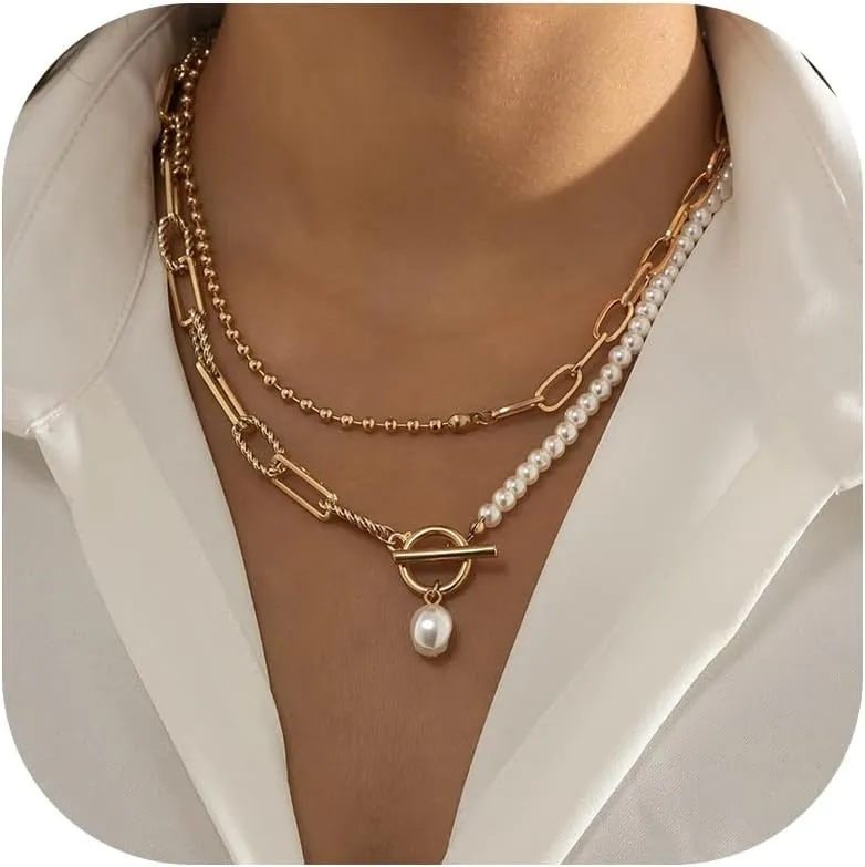 Layered Gold Necklaces for Women Trendy Pearl Necklaces Stack Boho Stackable Layering Pearl Beaded Paperclip Chain Choker Necklace Set Jewelry Gifts Stuff