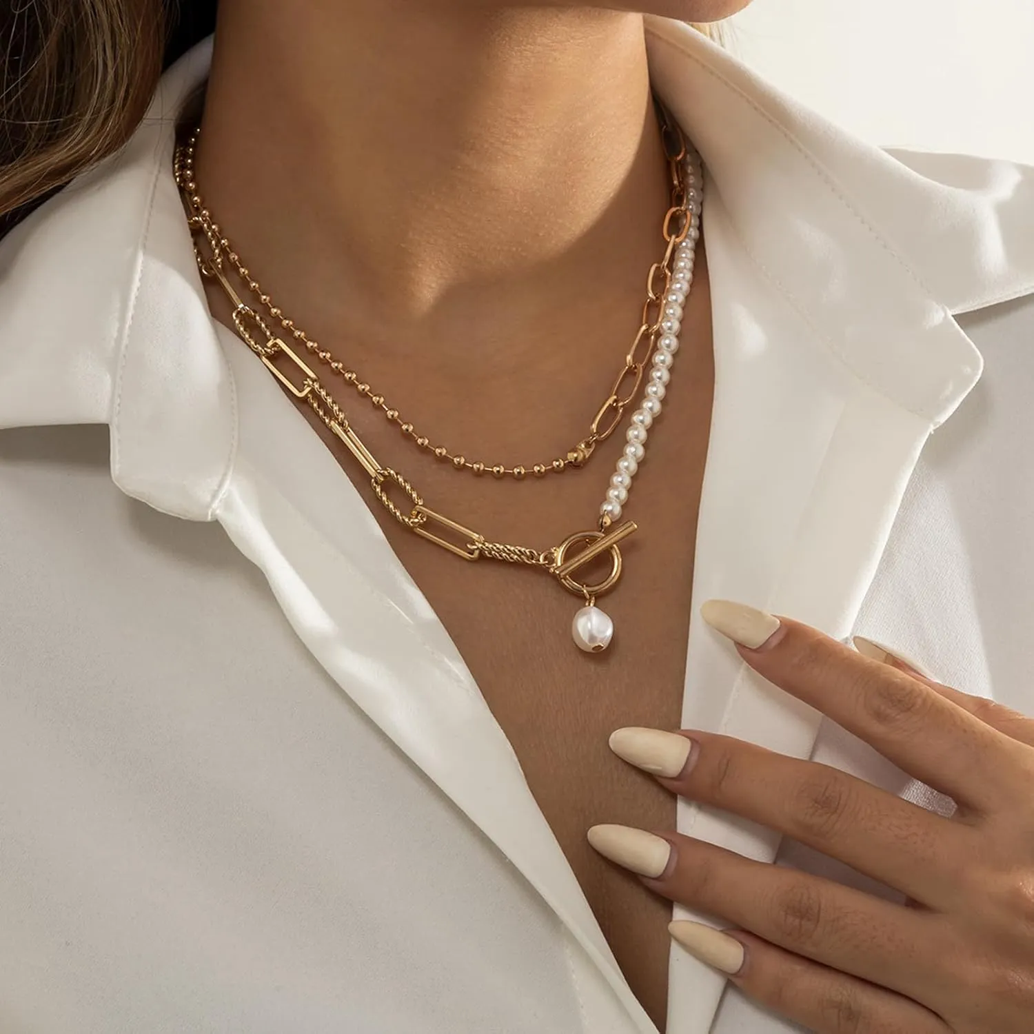 Layered Gold Necklaces for Women Trendy Pearl Necklaces Stack Boho Stackable Layering Pearl Beaded Paperclip Chain Choker Necklace Set Jewelry Gifts Stuff