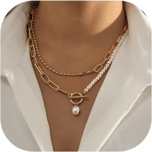 Layered Gold Necklaces for Women Trendy Pearl Necklaces Stack Boho Stackable Layering Pearl Beaded Paperclip Chain Choker Necklace Set Jewelry Gifts Stuff