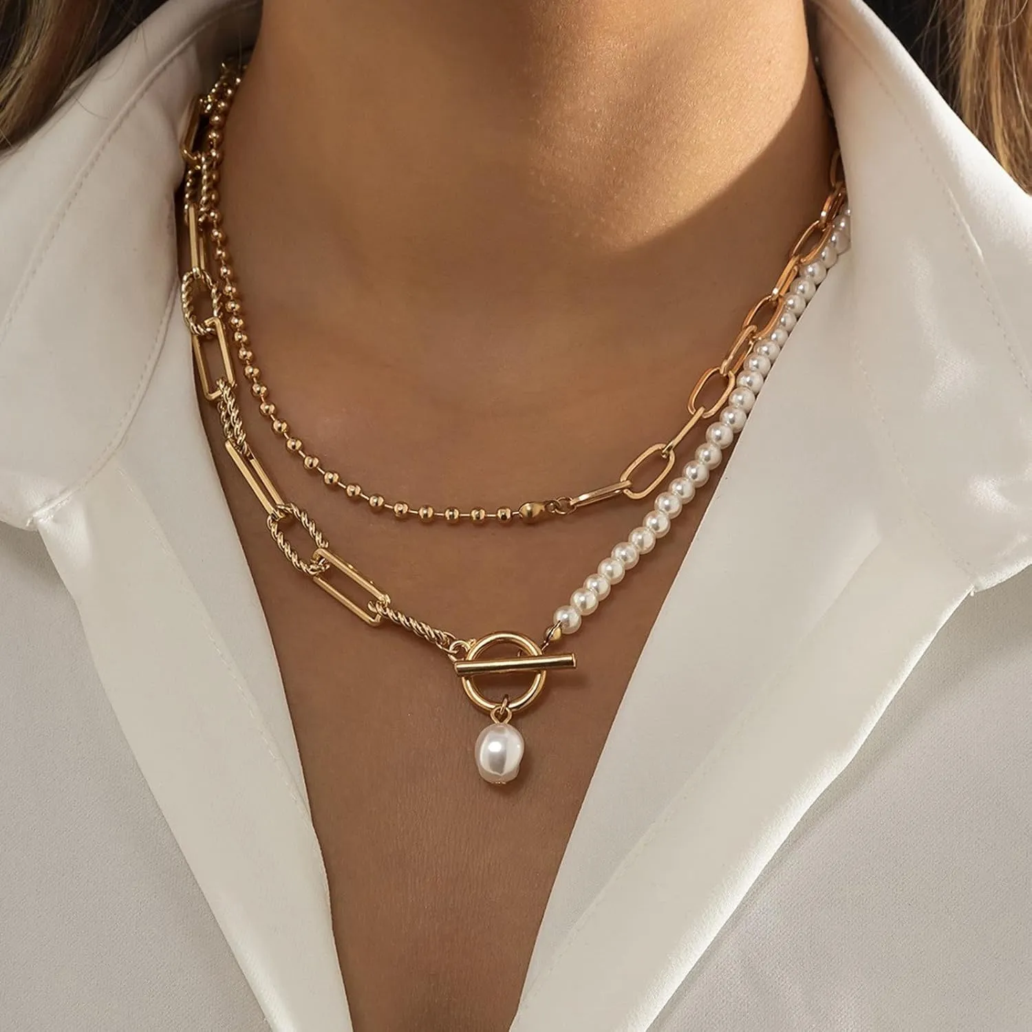 Layered Gold Necklaces for Women Trendy Pearl Necklaces Stack Boho Stackable Layering Pearl Beaded Paperclip Chain Choker Necklace Set Jewelry Gifts Stuff