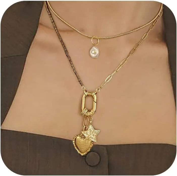 Layered Necklaces for Women, 2 Piece Necklace with Adjustable Lengths Heart Pentagram Pendants Jewelry Gifts