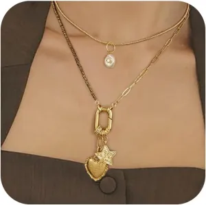 Layered Necklaces for Women, 2 Piece Necklace with Adjustable Lengths Heart Pentagram Pendants Jewelry Gifts