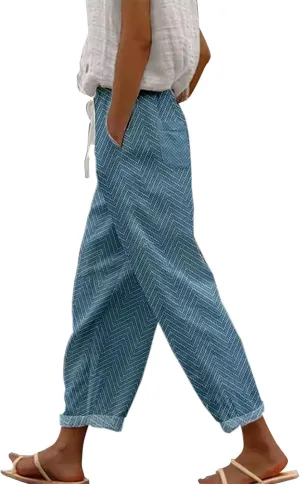 LCMTWX Linen Pants for Women Drawstring Capri Pants with Pockets Wide Leg Cropped Pants for Women Striped Pants Womens