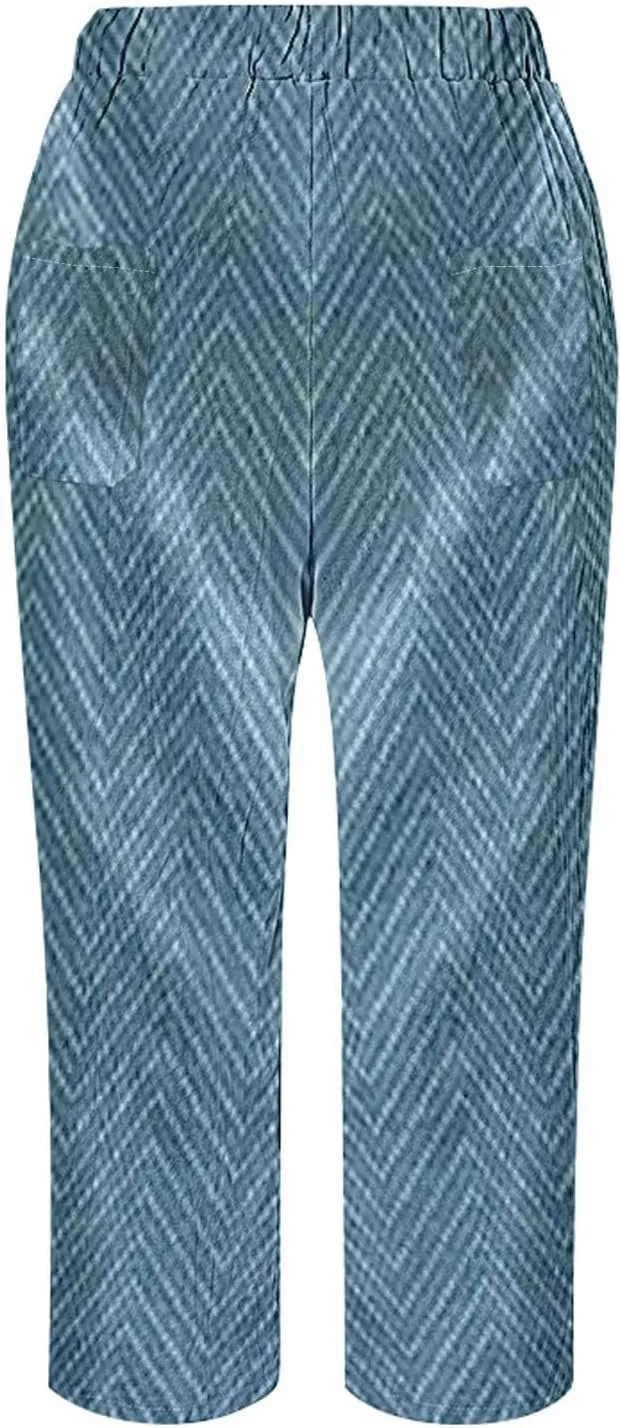 LCMTWX Linen Pants for Women Drawstring Capri Pants with Pockets Wide Leg Cropped Pants for Women Striped Pants Womens