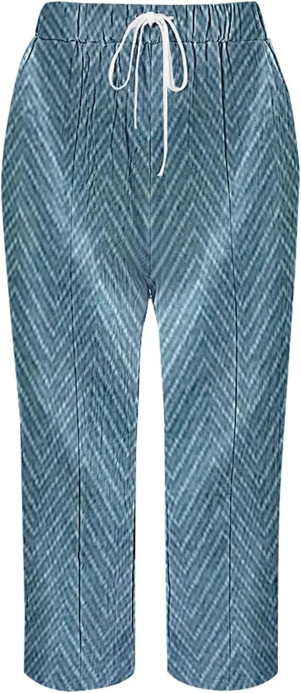 LCMTWX Linen Pants for Women Drawstring Capri Pants with Pockets Wide Leg Cropped Pants for Women Striped Pants Womens