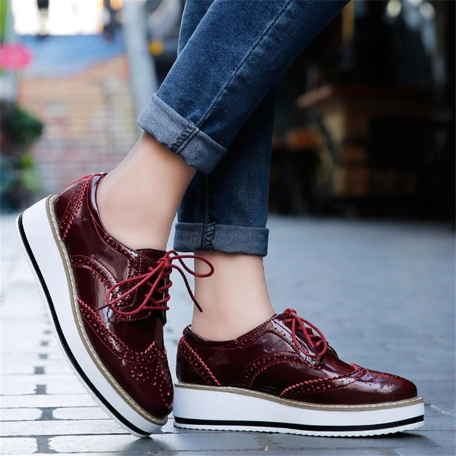 Leather Shoes for Women Glossy Shoes Comfortable Lightweight Slip On Work Flats Classic Lace-up Formal Oxford