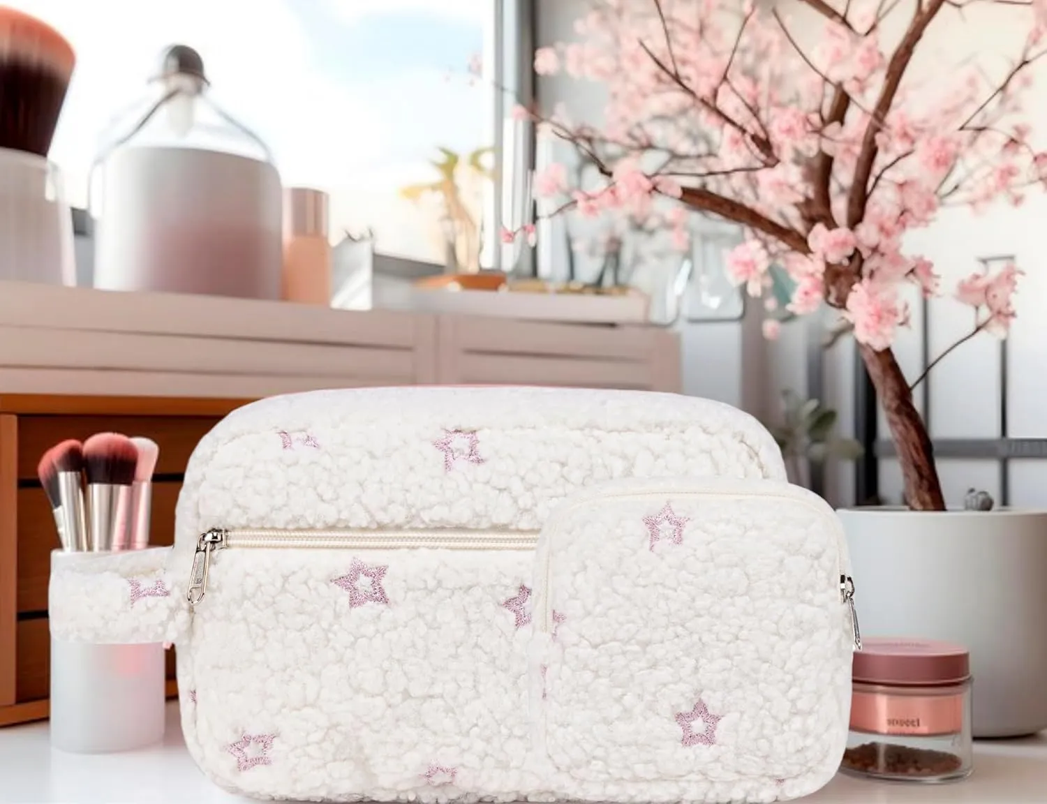 LEDAOU 2Pcs Travel Large Makeup Bag Cosmetic Bag Small Makeup Pouch with Zipper Cute Travel Toiletry Essentials for Women Teen Girls