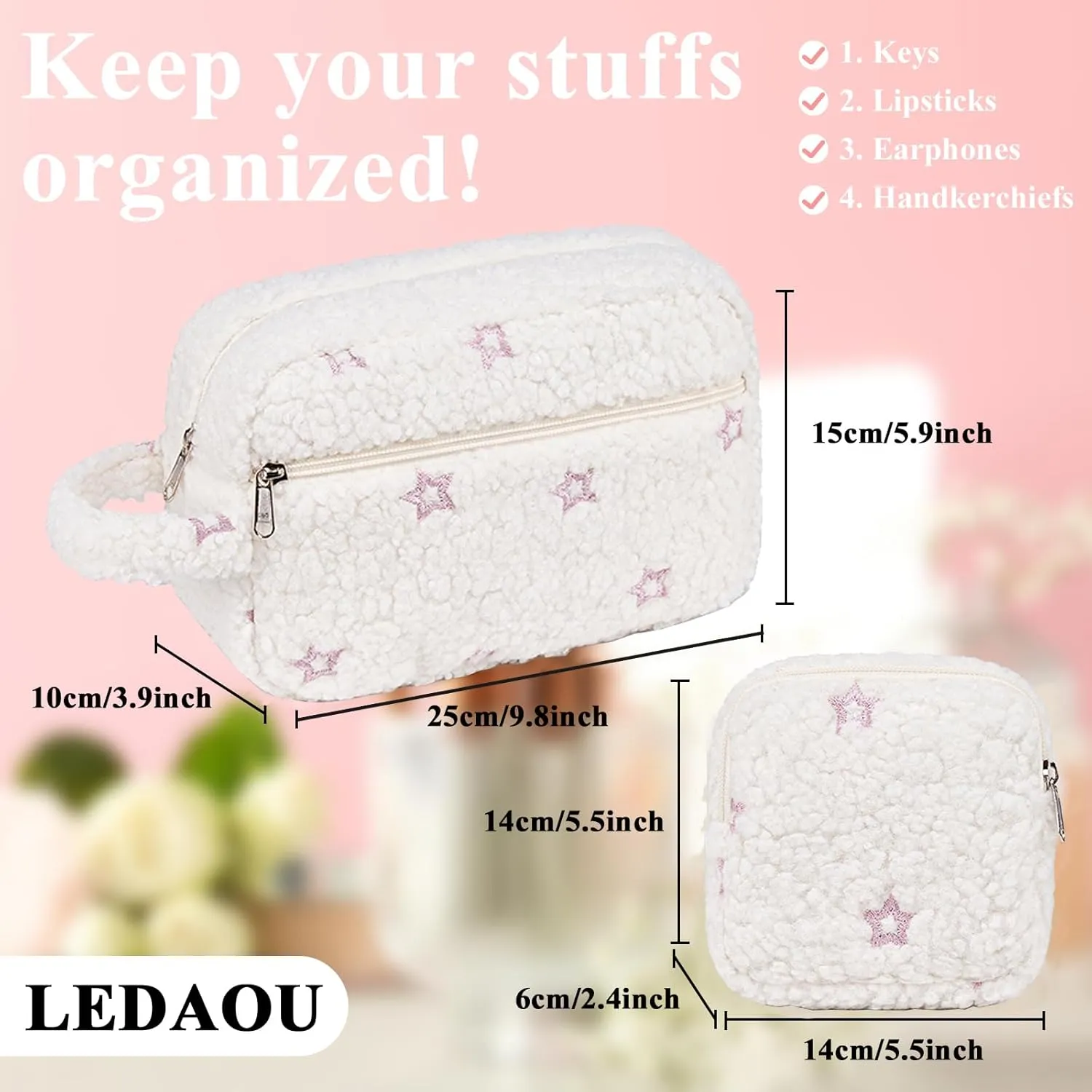 LEDAOU 2Pcs Travel Large Makeup Bag Cosmetic Bag Small Makeup Pouch with Zipper Cute Travel Toiletry Essentials for Women Teen Girls