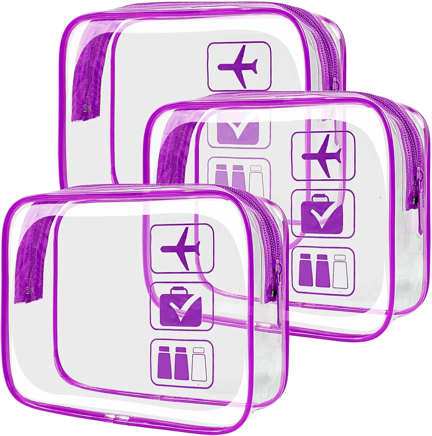 LETGO TSA Approved Toiletry Bag - Clear Makeup Bag Waterproof Quart Size Bag, Travel Makeup Cosmetic Bag for Women Travel Car Accessories Essentials for Men and Women (3 Pack-Purple)