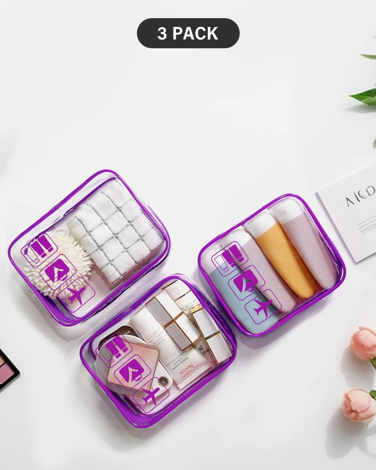 LETGO TSA Approved Toiletry Bag - Clear Makeup Bag Waterproof Quart Size Bag, Travel Makeup Cosmetic Bag for Women Travel Car Accessories Essentials for Men and Women (3 Pack-Purple)