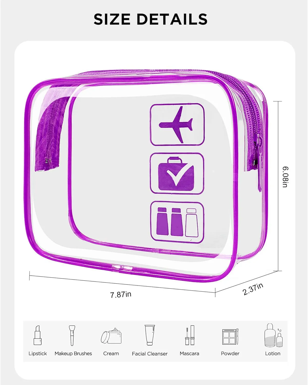 LETGO TSA Approved Toiletry Bag - Clear Makeup Bag Waterproof Quart Size Bag, Travel Makeup Cosmetic Bag for Women Travel Car Accessories Essentials for Men and Women (3 Pack-Purple)