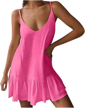 Linen Dresses for Women 2024 Casual Plus Size V Neck Solid Color Slip Dress Trendy Summer Vacation Flowy Dress