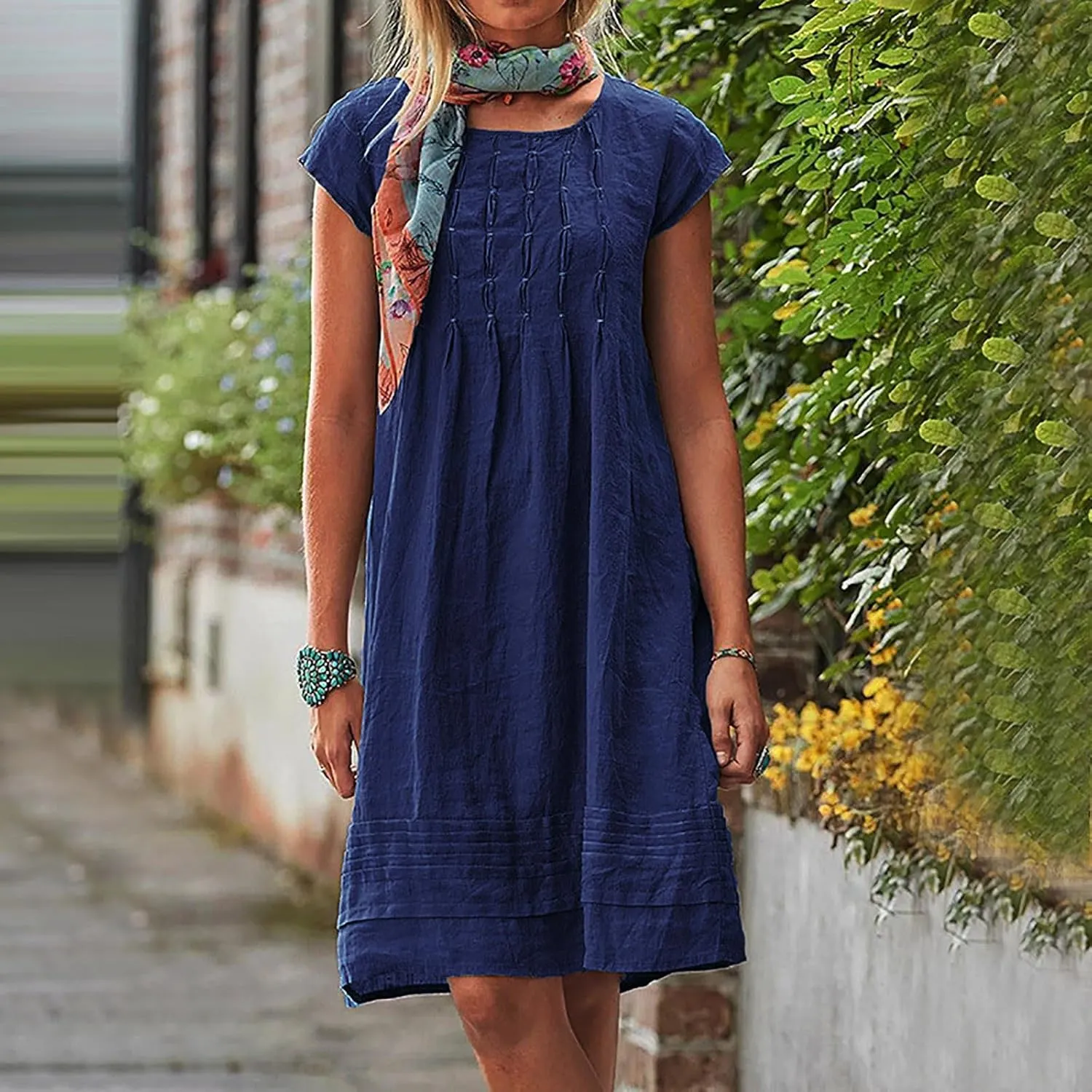 Linen Dresses for Women 2025 Short Sleeve Summer Casual Midi Dress Ruched Spring Dresses Beach Sundress