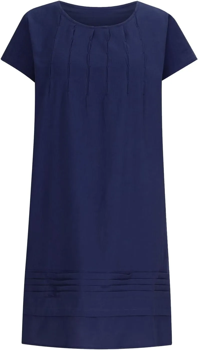 Linen Dresses for Women 2025 Short Sleeve Summer Casual Midi Dress Ruched Spring Dresses Beach Sundress