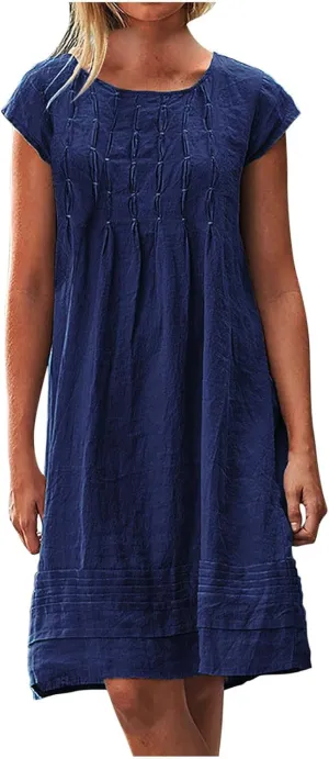 Linen Dresses for Women 2025 Short Sleeve Summer Casual Midi Dress Ruched Spring Dresses Beach Sundress