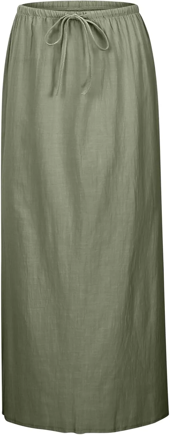 Linen Maxi Skirts for Women Trendy Summer Comfy Drawstring Waist A Line Skirts 2025 Vacation Boho Long Flowy Skirts