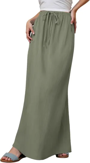 Linen Maxi Skirts for Women Trendy Summer Comfy Drawstring Waist A Line Skirts 2025 Vacation Boho Long Flowy Skirts