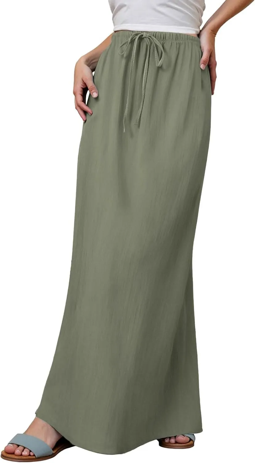 Linen Maxi Skirts for Women Trendy Summer Comfy Drawstring Waist A Line Skirts 2025 Vacation Boho Long Flowy Skirts