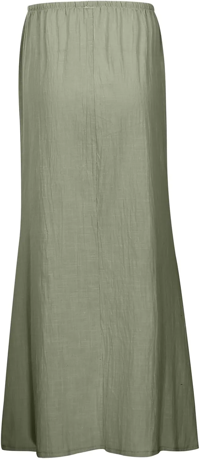 Linen Maxi Skirts for Women Trendy Summer Comfy Drawstring Waist A Line Skirts 2025 Vacation Boho Long Flowy Skirts