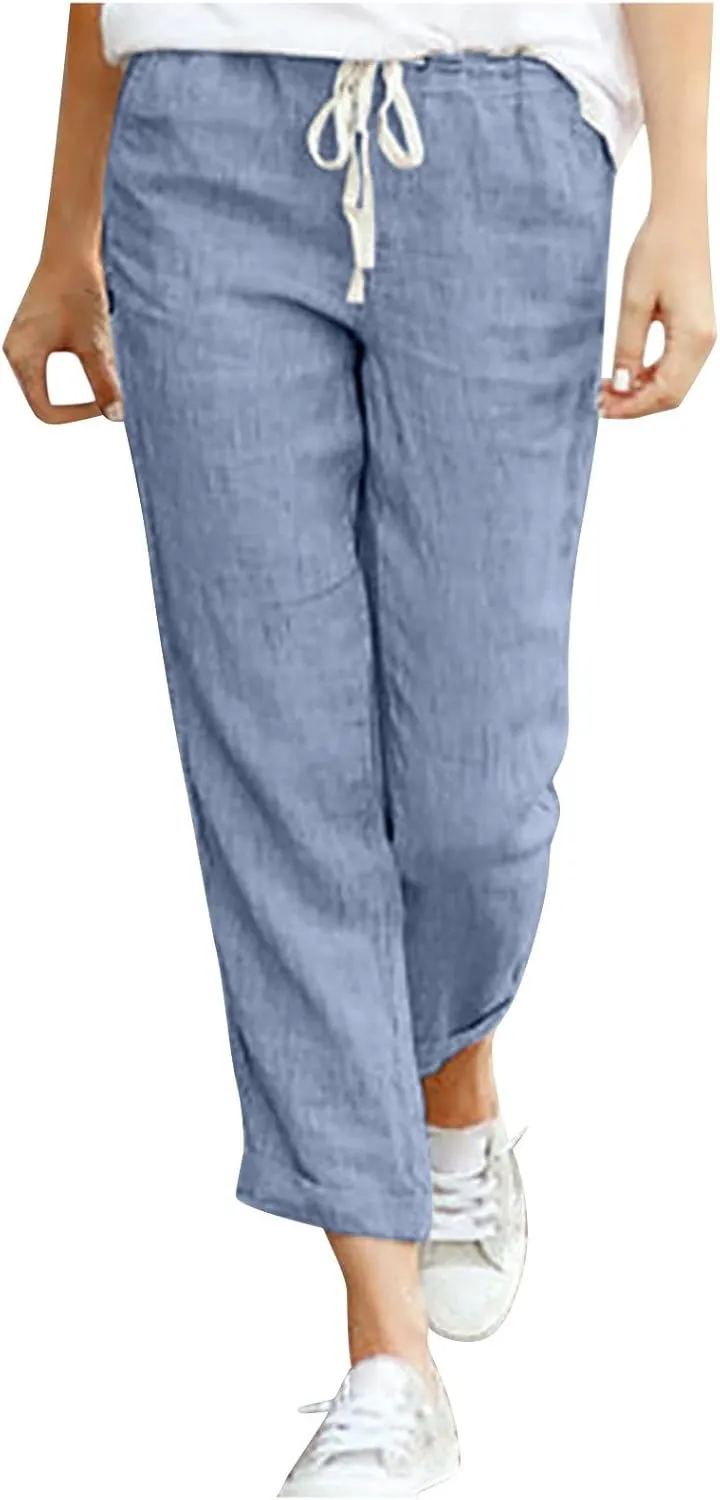 Linen Pants for Women Summer Casual Elastic Drawstring Waist Trousers Trendy Straight Leg Lounge Pants with Pocket