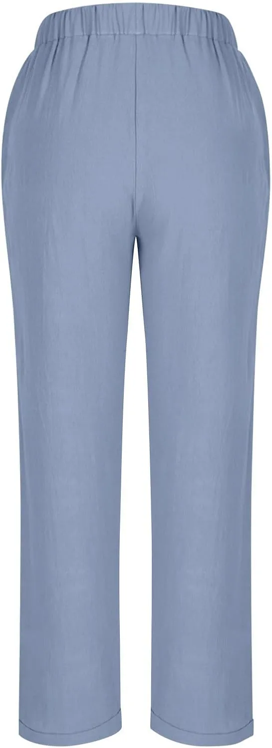 Linen Pants for Women Summer Casual Elastic Drawstring Waist Trousers Trendy Straight Leg Lounge Pants with Pocket