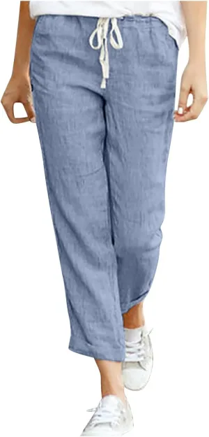 Linen Pants for Women Summer Casual Elastic Drawstring Waist Trousers Trendy Straight Leg Lounge Pants with Pocket