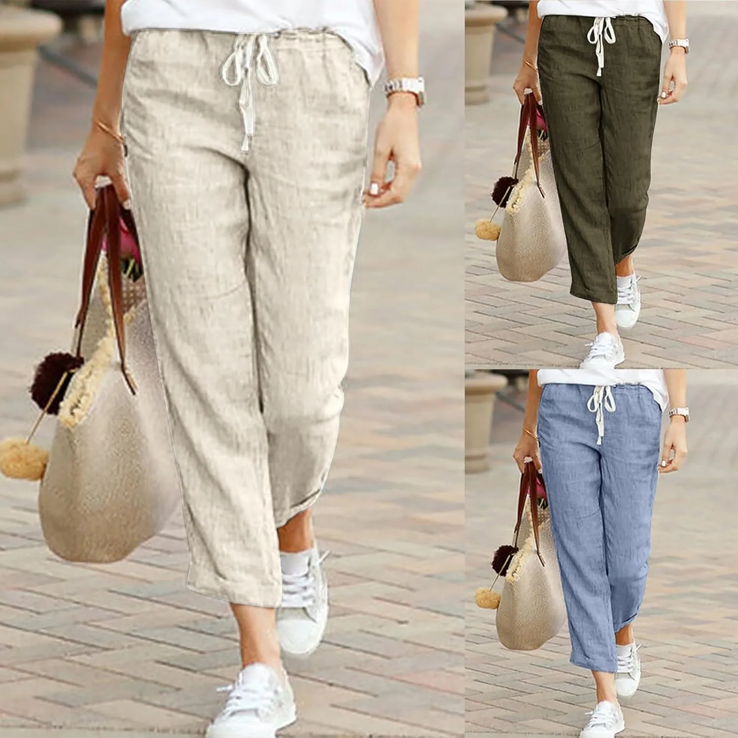 Linen Pants for Women Summer Casual Elastic Drawstring Waist Trousers Trendy Straight Leg Lounge Pants with Pocket