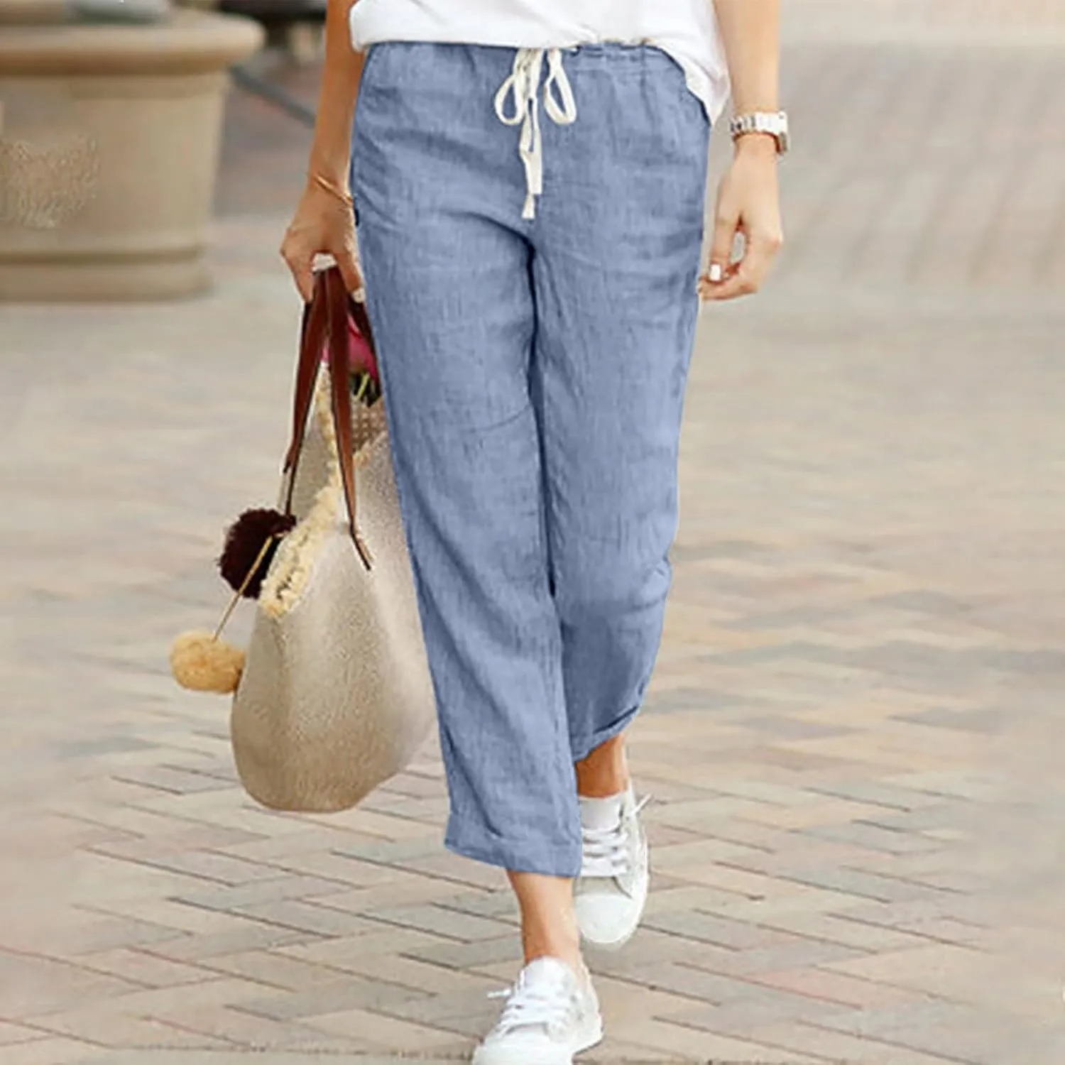 Linen Pants for Women Summer Casual Elastic Drawstring Waist Trousers Trendy Straight Leg Lounge Pants with Pocket