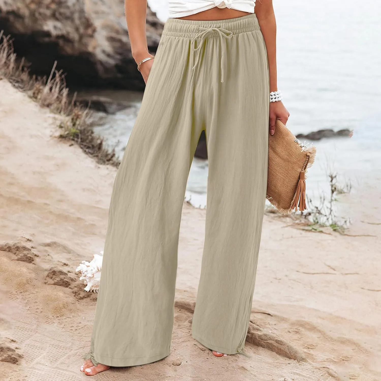 Linen Pants for Women Summer High Waisted Wide Leg Pants Casual Elastic Waist Palazzo Pants Beach Pants with Pockets