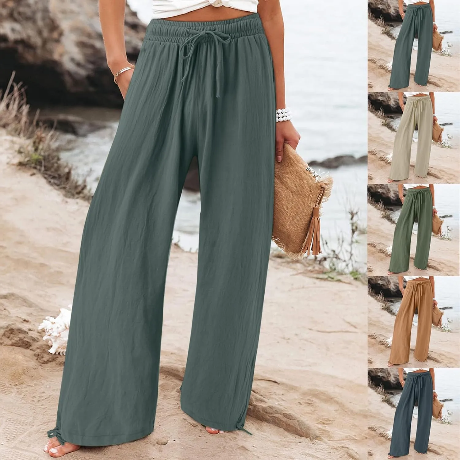 Linen Pants for Women Summer High Waisted Wide Leg Pants Casual Elastic Waist Palazzo Pants Beach Pants with Pockets