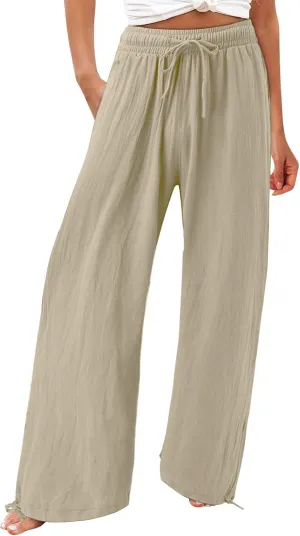 Linen Pants for Women Summer High Waisted Wide Leg Pants Casual Elastic Waist Palazzo Pants Beach Pants with Pockets