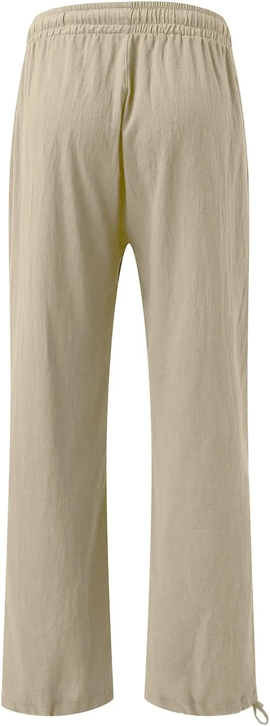 Linen Pants for Women Summer High Waisted Wide Leg Pants Casual Elastic Waist Palazzo Pants Beach Pants with Pockets