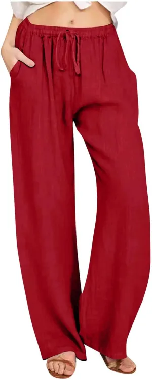 Linen Pants Women Summer Wide Leg Linen Pants Drawstring Elastic Waist Pants Casual Loose Fit Work Pants Linen Trouser
