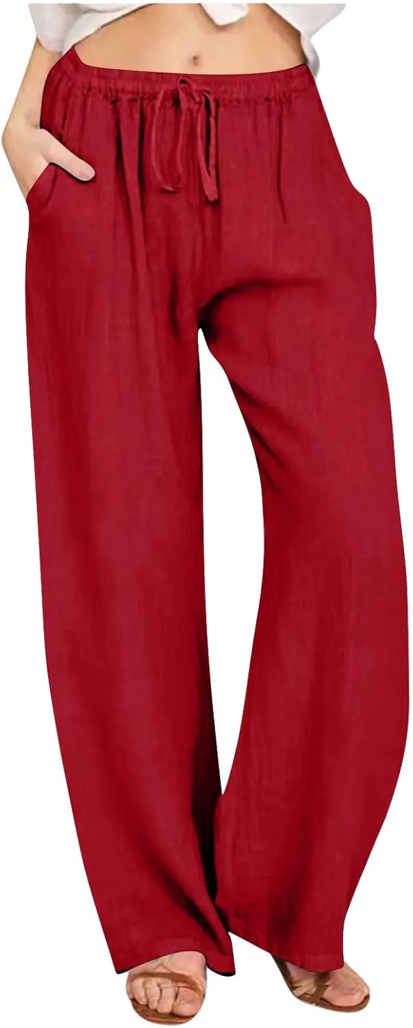 Linen Pants Women Summer Wide Leg Linen Pants Drawstring Elastic Waist Pants Casual Loose Fit Work Pants Linen Trouser