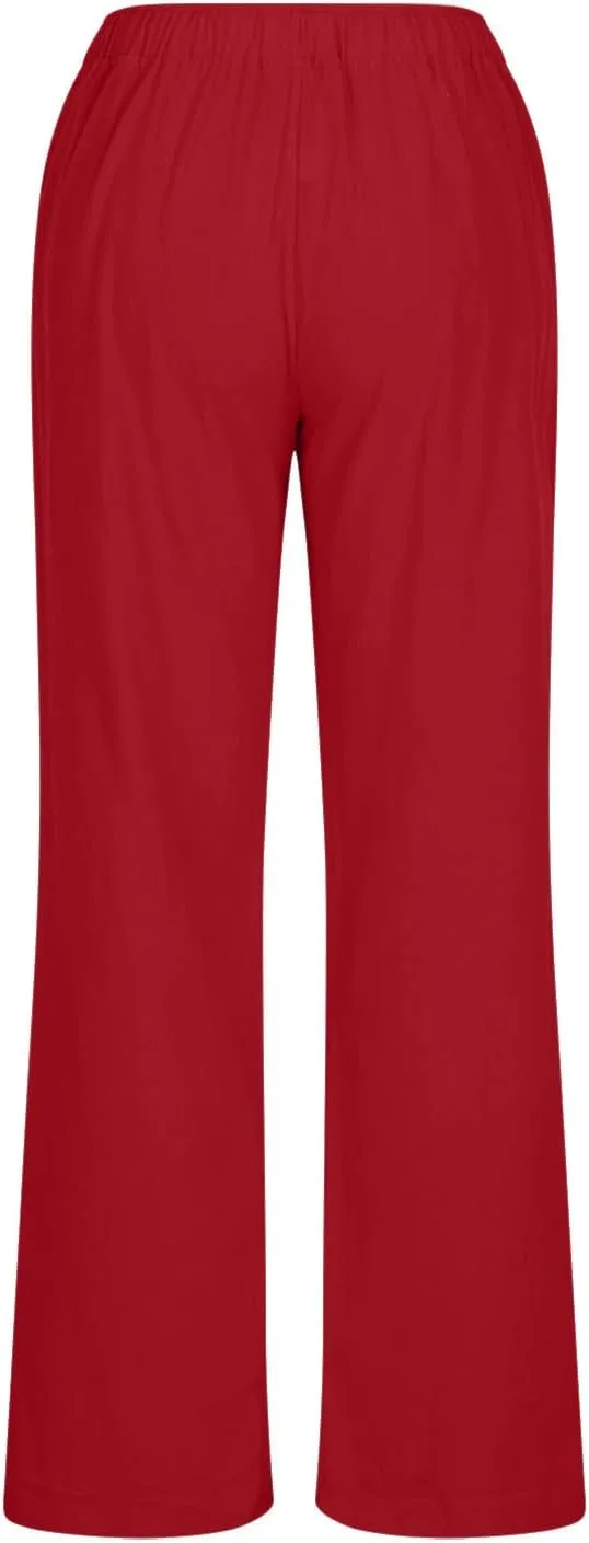 Linen Pants Women Summer Wide Leg Linen Pants Drawstring Elastic Waist Pants Casual Loose Fit Work Pants Linen Trouser
