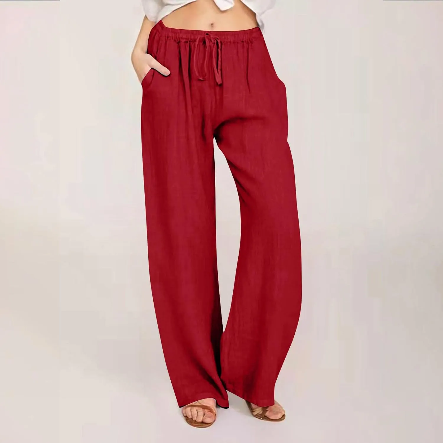 Linen Pants Women Summer Wide Leg Linen Pants Drawstring Elastic Waist Pants Casual Loose Fit Work Pants Linen Trouser